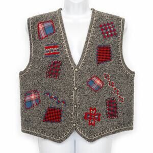 Vintage Robert Scott Ltd Wool Sweater Vest XL Gray Patchwork Plaid Cottagecore